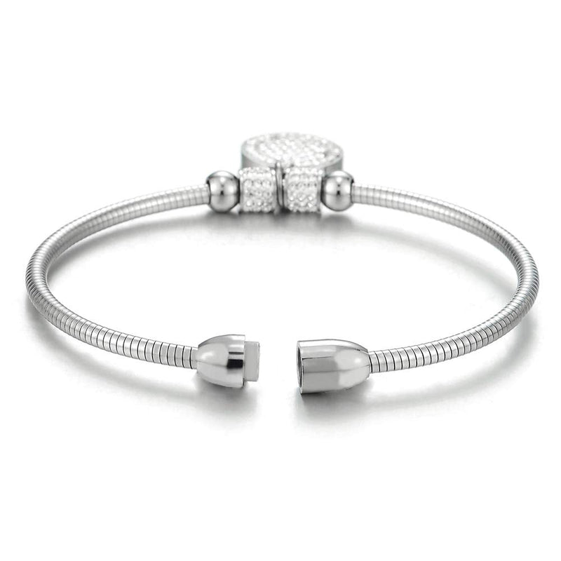 COOLSTEELANDBEYOND Womens Mens Steel Beads and Cubic Zirconia Charms Bangle Bracelet with Magnetic Clasp, Exquisite - COOLSTEELANDBEYOND Jewelry