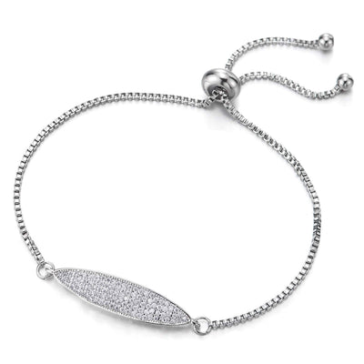 COOLSTEELANDBEYOND Womens Stainless Steel Adjustable Chain Link Bracelet with Cubic Zirconia Oval Charm and Balls - COOLSTEELANDBEYOND Jewelry