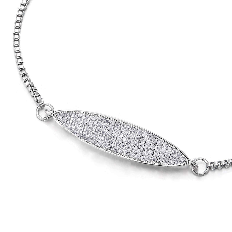 COOLSTEELANDBEYOND Womens Stainless Steel Adjustable Chain Link Bracelet with Cubic Zirconia Oval Charm and Balls - COOLSTEELANDBEYOND Jewelry