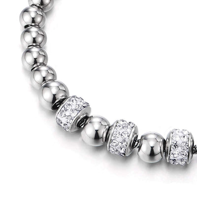 COOLSTEELANDBEYOND Womens Stainless Steel Bead Charm Bracelet with Beads String and Cubic Zirconia, Adjustable - COOLSTEELANDBEYOND Jewelry