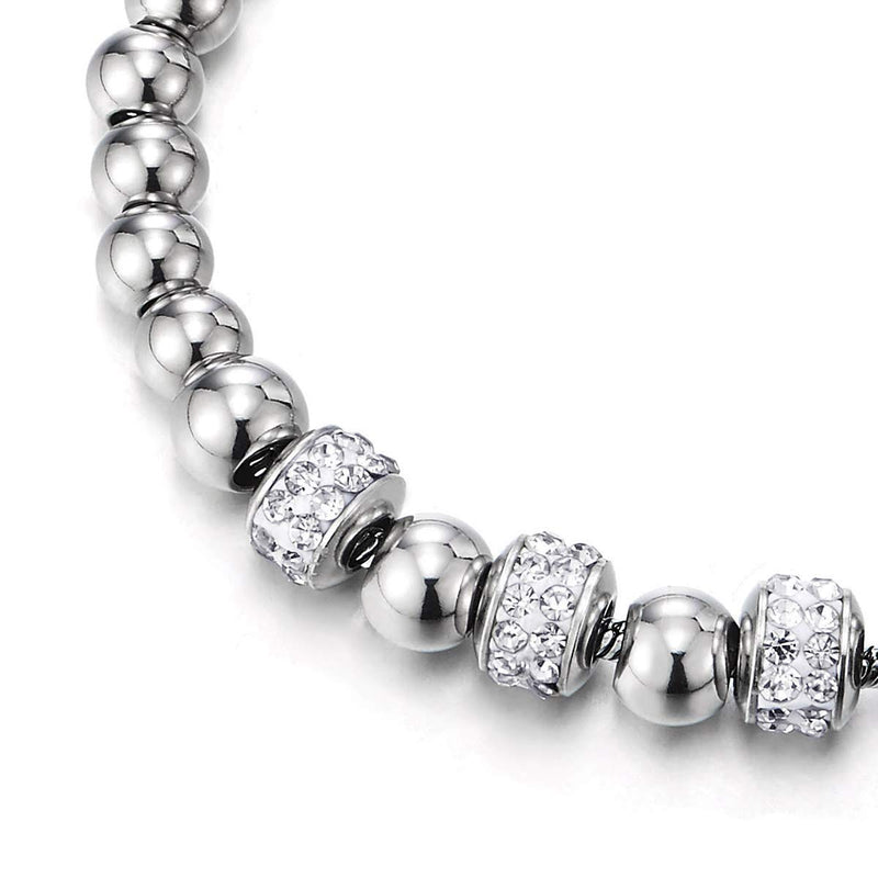 COOLSTEELANDBEYOND Womens Stainless Steel Bead Charm Bracelet with Beads String and Cubic Zirconia, Adjustable - COOLSTEELANDBEYOND Jewelry
