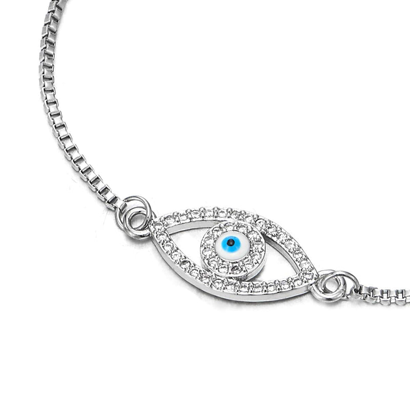 COOLSTEELANDBEYOND Womens Stainless Steel Chain Link Bracelet with Cubic Zirconia Protection Evil Eye, Adjustable - COOLSTEELANDBEYOND Jewelry