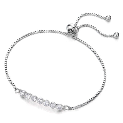COOLSTEELANDBEYOND Womens Stainless Steel Link Chain Bracelet with Cubic Zirconia Journey Charm, Adjustable - COOLSTEELANDBEYOND Jewelry