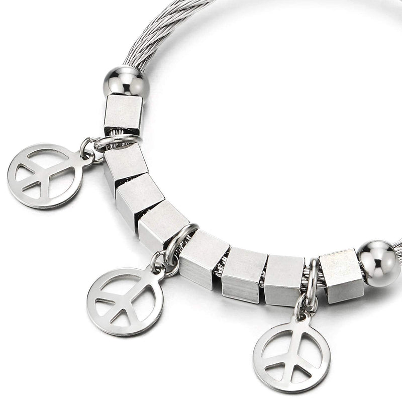 COOLSTEELANDBEYOND Womens Steel Twisted Cable Bangle Cuff Bracelet with Cube Beads Dangling Anti-war Symbol Adjustable - coolsteelandbeyond