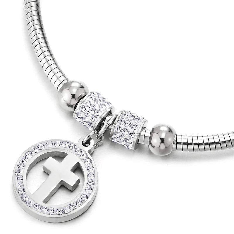 COOLSTEELANDBEYOND Womens Steel Beads and Cubic Zirconia Circle Cross Charms Bangle Bracelet with Magnetic Clasp - COOLSTEELANDBEYOND Jewelry