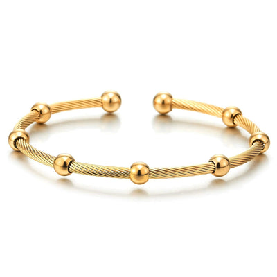 Elastic Adjustable Mens Women Gold Color Steel Beads Charm Bangle Cuff Bracelet