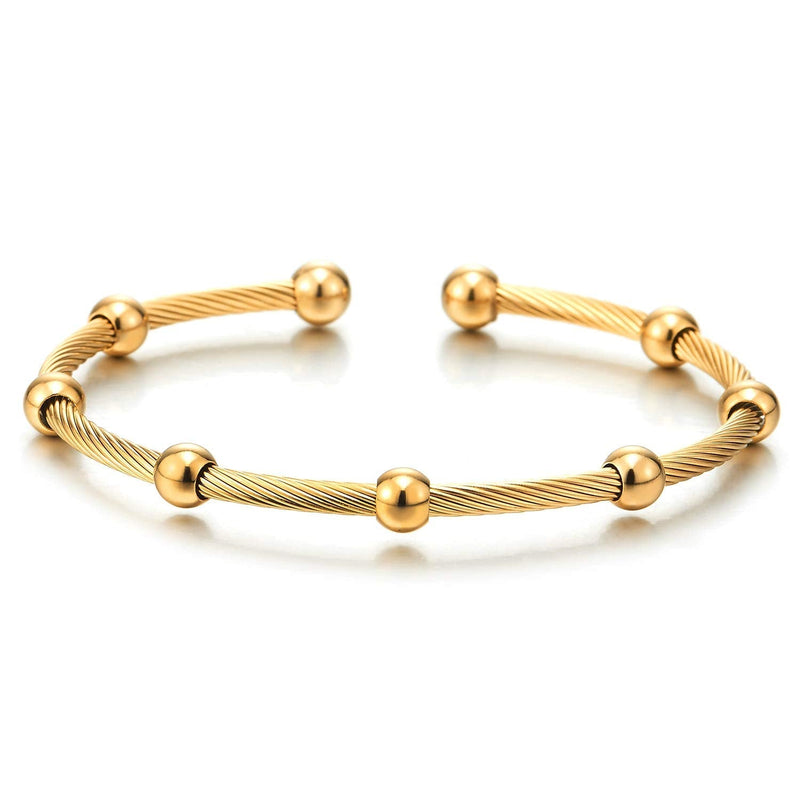 Elastic Adjustable Mens Women Gold Color Steel Beads Charm Bangle Cuff Bracelet