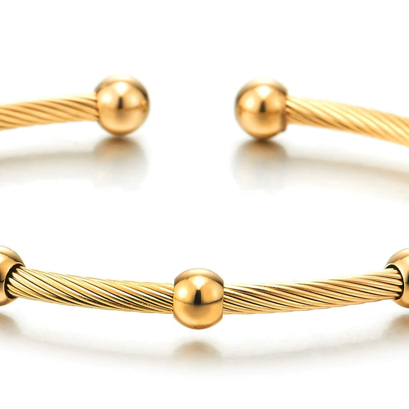 Elastic Adjustable Mens Women Gold Color Steel Beads Charm Bangle Cuff Bracelet