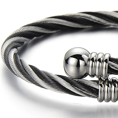 COOLSTEELANDBEYOND Elastic Adjustable Steel Twisted Cable Cuff Bangle Bracelet for Mens for Women - coolsteelandbeyond