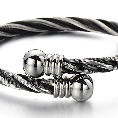 COOLSTEELANDBEYOND Elastic Adjustable Steel Twisted Cable Cuff Bangle Bracelet for Mens for Women - coolsteelandbeyond