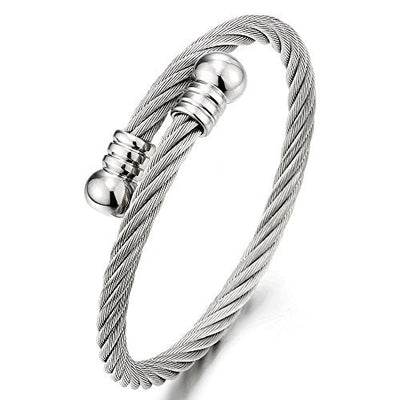 COOLSTEELANDBEYOND Elastic Adjustable Steel Twisted Cable Cuff Bangle Bracelet for Mens for Women - coolsteelandbeyond