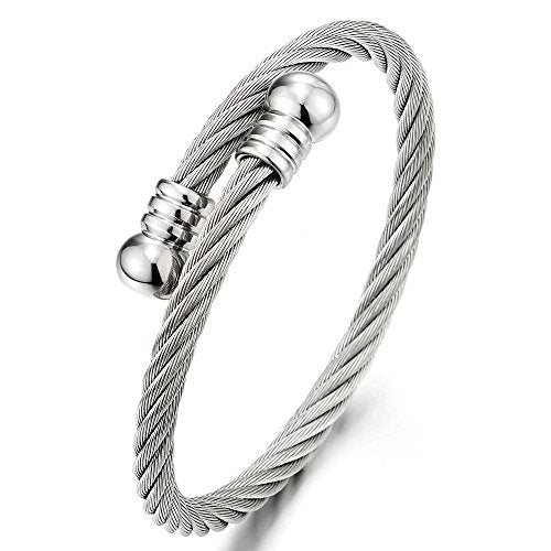 COOLSTEELANDBEYOND Elastic Adjustable Steel Twisted Cable Cuff Bangle Bracelet for Mens for Women - coolsteelandbeyond