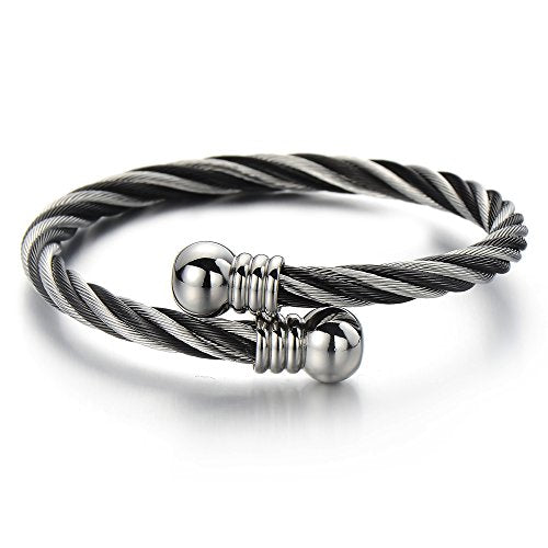 COOLSTEELANDBEYOND Elastic Adjustable Steel Twisted Cable Cuff Bangle Bracelet for Mens for Women - coolsteelandbeyond