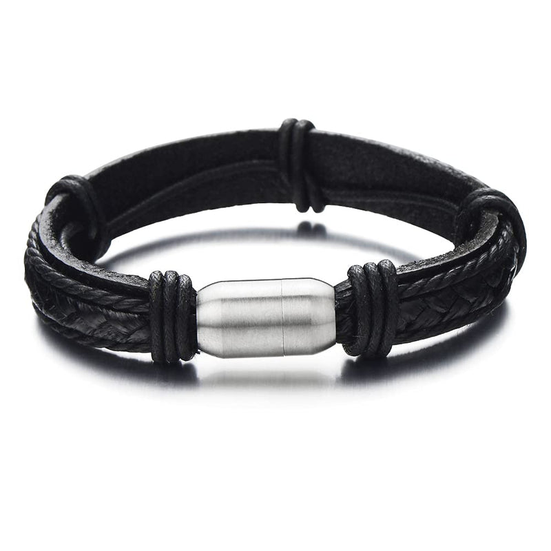 Genuine Black Leather Bangle Bracelet for Men Wristband with Stainless Steel Magnetic Clasp - COOLSTEELANDBEYOND Jewelry