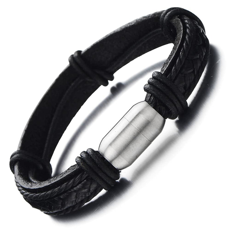 Genuine Black Leather Bangle Bracelet for Men Wristband with Stainless Steel Magnetic Clasp - COOLSTEELANDBEYOND Jewelry