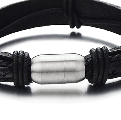 Genuine Black Leather Bangle Bracelet for Men Wristband with Stainless Steel Magnetic Clasp - COOLSTEELANDBEYOND Jewelry