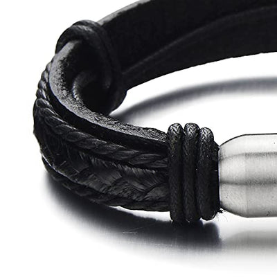Genuine Black Leather Bangle Bracelet for Men Wristband with Stainless Steel Magnetic Clasp - COOLSTEELANDBEYOND Jewelry