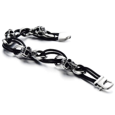 Gothic Style Mens Stainless Steel Skull Bracelet Black Braided Leather Wristband