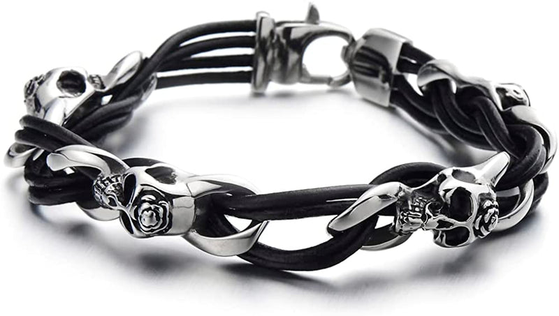 Gothic Style Mens Stainless Steel Skull Bracelet Black Braided Leather Wristband