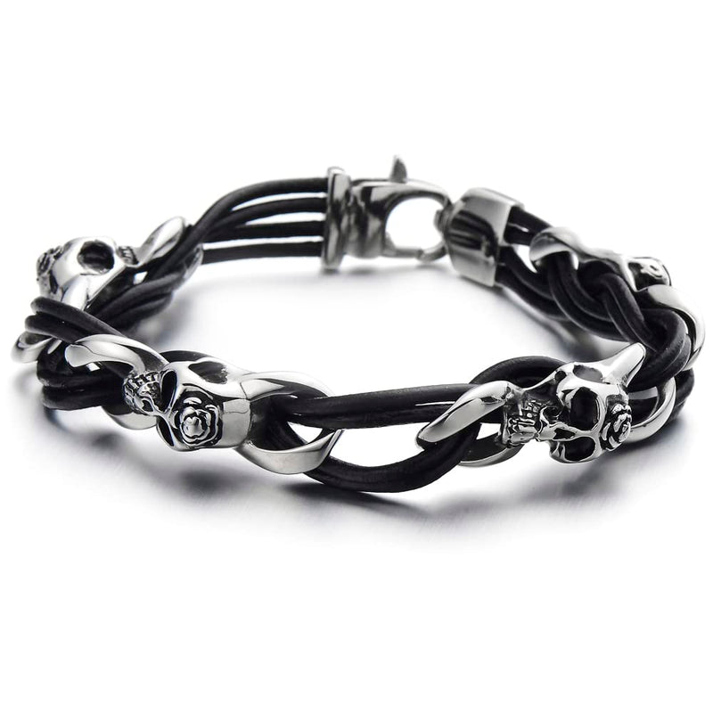 Gothic Style Mens Stainless Steel Skull Bracelet Black Braided Leather Wristband