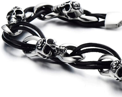 Gothic Style Mens Stainless Steel Skull Bracelet Black Braided Leather Wristband