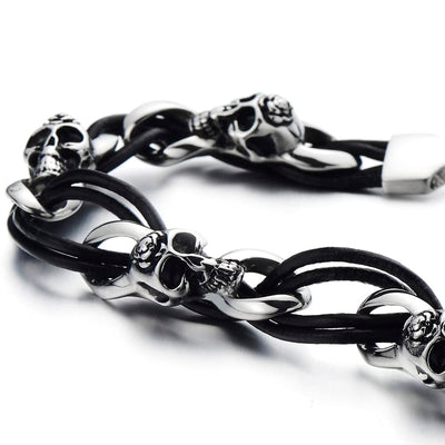 Gothic Style Mens Stainless Steel Skull Bracelet Black Braided Leather Wristband