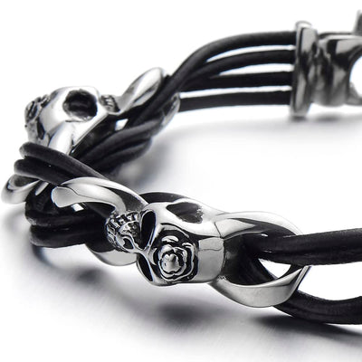 Gothic Style Mens Stainless Steel Skull Bracelet Black Braided Leather Wristband