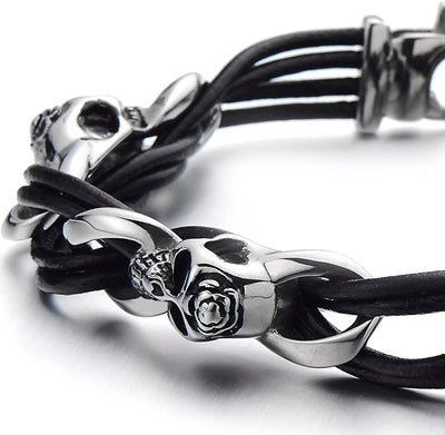 Gothic Style Mens Stainless Steel Skull Bracelet Black Braided Leather Wristband