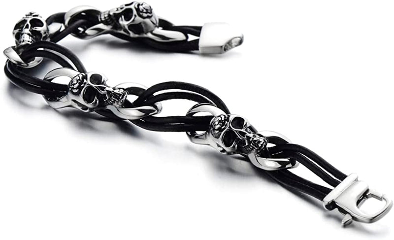 Gothic Style Mens Stainless Steel Skull Bracelet Black Braided Leather Wristband