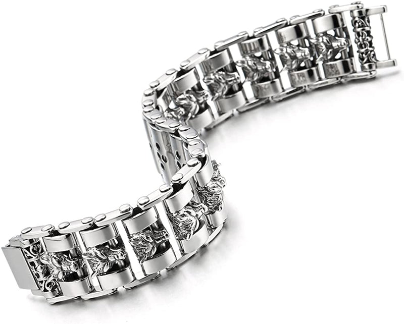 Heavy and Study Mens Large Stainless Steel Wolf Head Link Bike Chain Bracelet Polished