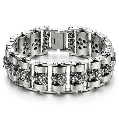 Heavy and Study Mens Large Stainless Steel Wolf Head Link Bike Chain Bracelet Polished