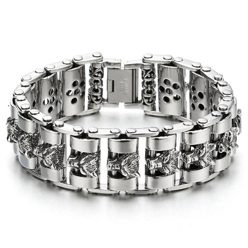 Heavy and Study Mens Large Stainless Steel Wolf Head Link Bike Chain Bracelet Polished