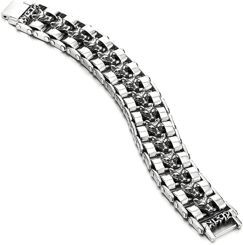 Heavy and Study Mens Large Stainless Steel Wolf Head Link Bike Chain Bracelet Polished