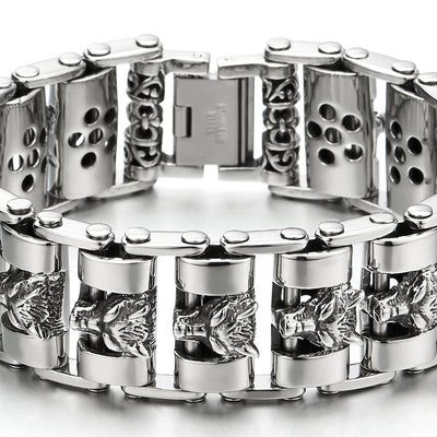 Heavy and Study Mens Large Stainless Steel Wolf Head Link Bike Chain Bracelet Polished