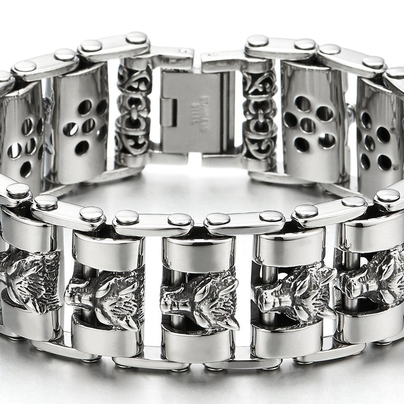 Heavy and Study Mens Large Stainless Steel Wolf Head Link Bike Chain Bracelet Polished