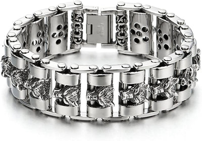 Heavy and Study Mens Large Stainless Steel Wolf Head Link Bike Chain Bracelet Polished