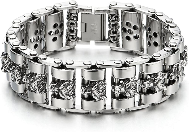 Heavy and Study Mens Large Stainless Steel Wolf Head Link Bike Chain Bracelet Polished