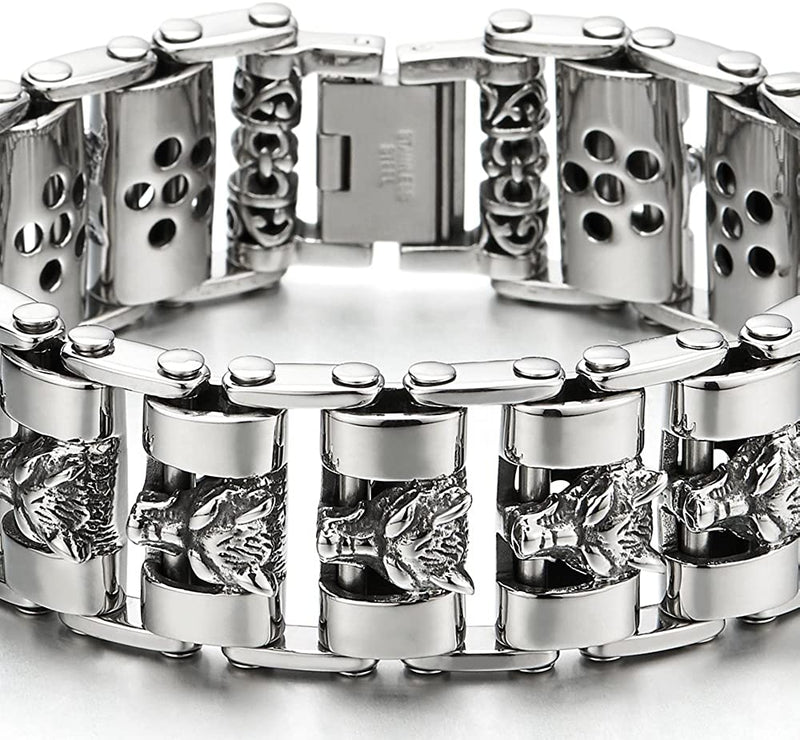 Heavy and Study Mens Large Stainless Steel Wolf Head Link Bike Chain Bracelet Polished
