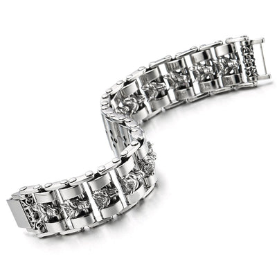 Heavy and Study Mens Large Stainless Steel Wolf Head Link Bike Chain Bracelet Polished