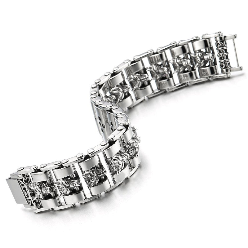 Heavy and Study Mens Large Stainless Steel Wolf Head Link Bike Chain Bracelet Polished