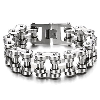 COOLSTEELANDBEYOND Heavy Sturdy Mens Motorcycle Chain Bike Chain Bracelet of Stainless Steel Silver Color Polished - coolsteelandbeyond