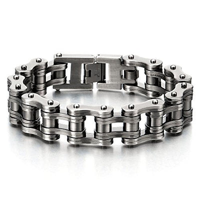 COOLSTEELANDBEYOND Heavy Sturdy Mens Motorcycle Chain Bike Chain Bracelet of Stainless Steel Silver Color Polished - coolsteelandbeyond