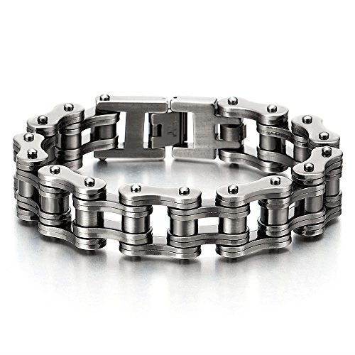 COOLSTEELANDBEYOND Heavy Sturdy Mens Motorcycle Chain Bike Chain Bracelet of Stainless Steel Silver Color Polished - coolsteelandbeyond
