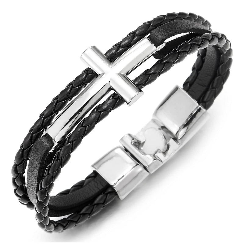 Horizontal Sideway Lateral Cross Black Braided Leather Bangle Wristband Bracelet, Three-Row - COOLSTEELANDBEYOND Jewelry