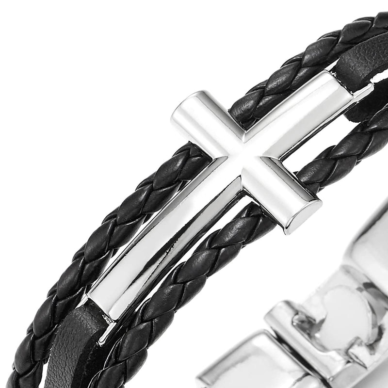 Horizontal Sideway Lateral Cross Black Braided Leather Bangle Wristband Bracelet, Three-Row - COOLSTEELANDBEYOND Jewelry