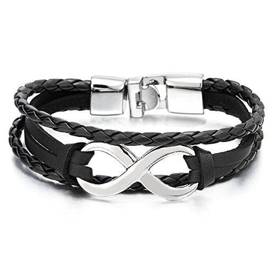COOLSTEELANDBEYOND Infinity Love Number 8 Leather Bangle Bracelet for Men Women Three-Row Wristband - coolsteelandbeyond