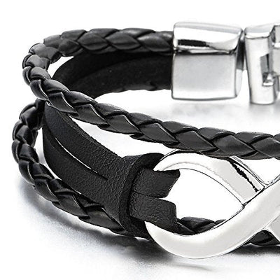 COOLSTEELANDBEYOND Infinity Love Number 8 Leather Bangle Bracelet for Men Women Three-Row Wristband - coolsteelandbeyond