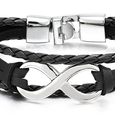 COOLSTEELANDBEYOND Infinity Love Number 8 Leather Bangle Bracelet for Men Women Three-Row Wristband - coolsteelandbeyond