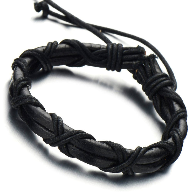 Interwoven Mens Black Leather Bracelet Double-row Wrap Bracelet Genuine Leather Wristband - COOLSTEELANDBEYOND Jewelry