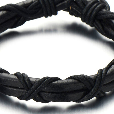 Interwoven Mens Black Leather Bracelet Double-row Wrap Bracelet Genuine Leather Wristband - COOLSTEELANDBEYOND Jewelry